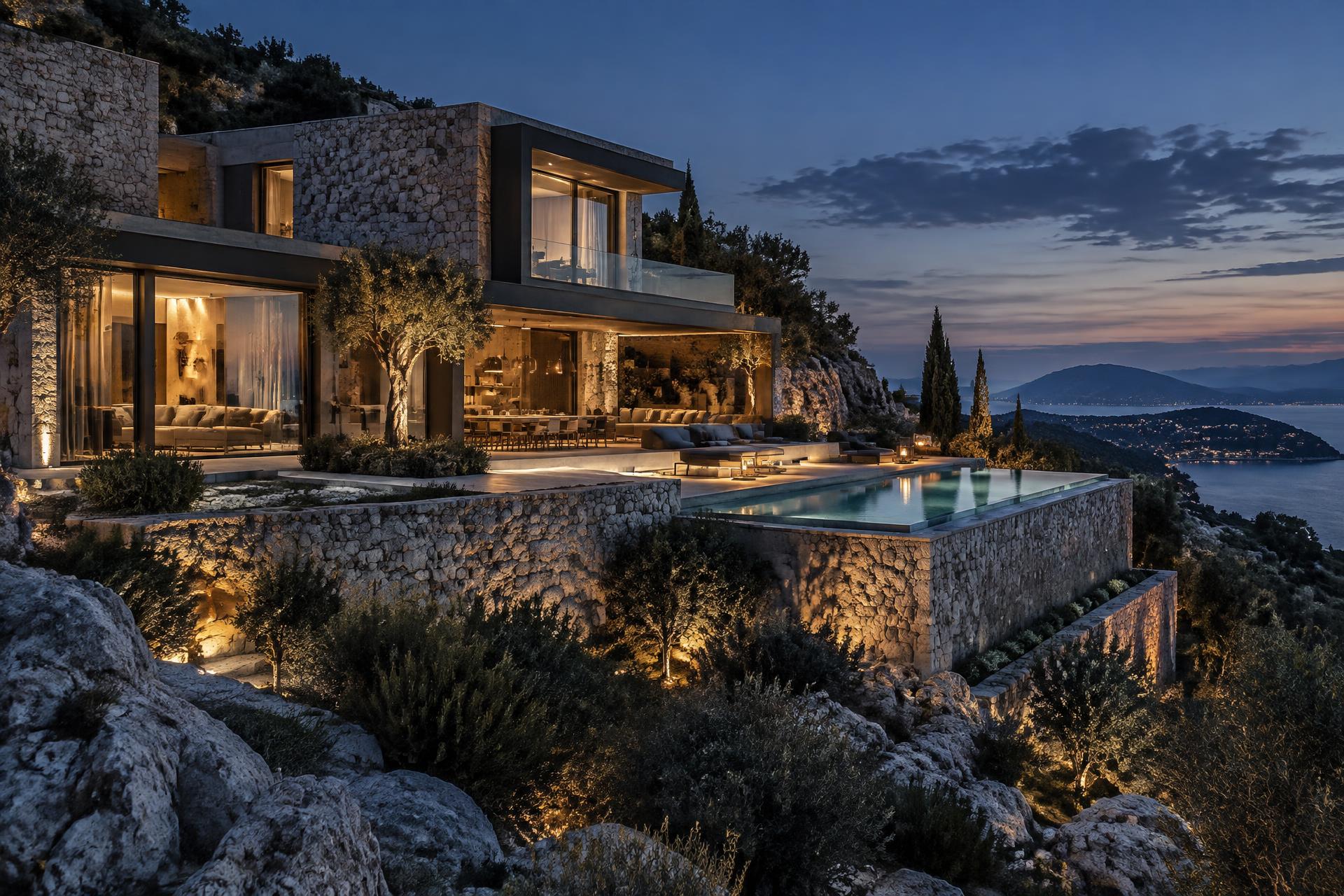Stone and glass residence overlooking a Mediterranean bay at dusk