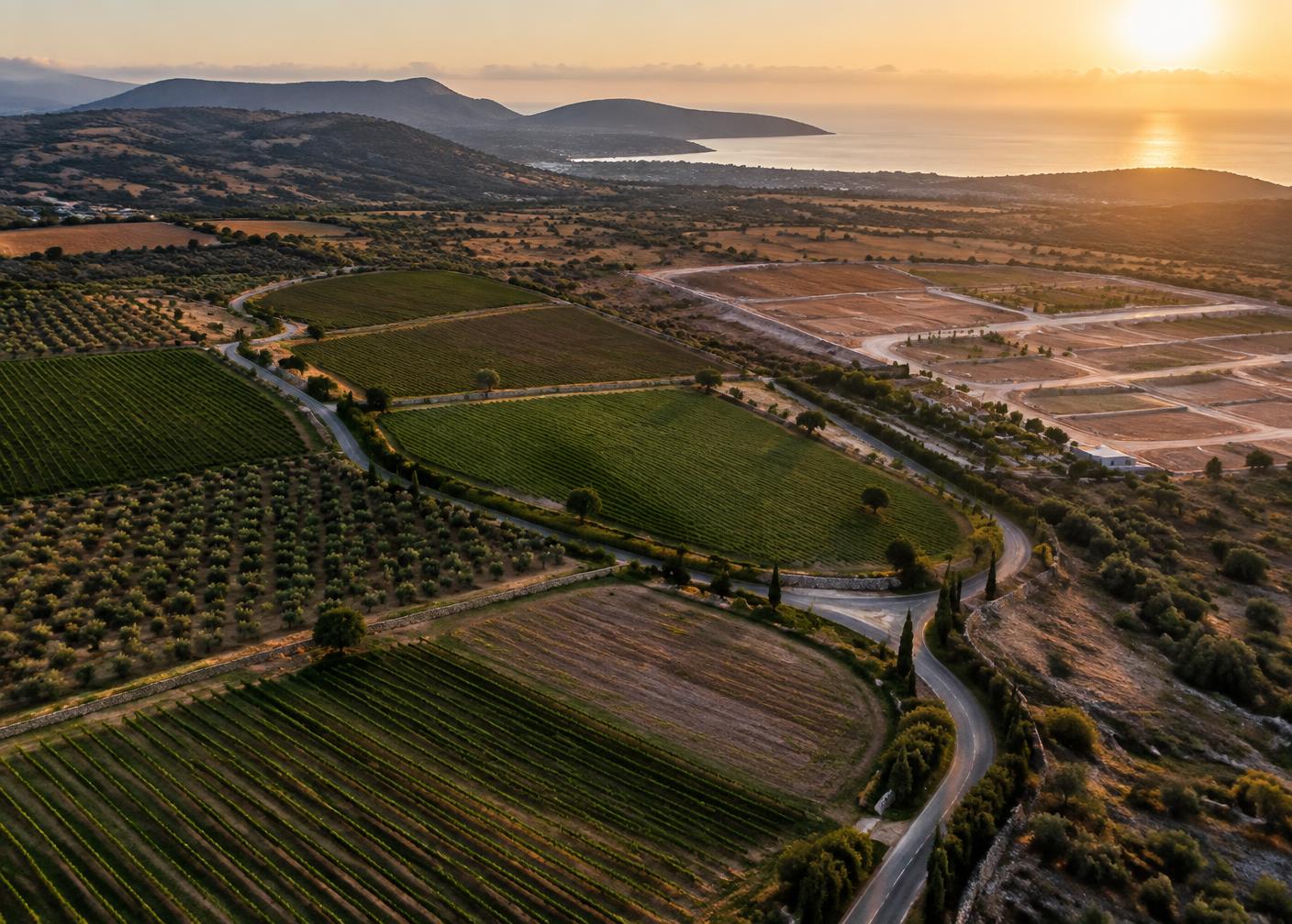 Aerial view of agricultural land and development plots